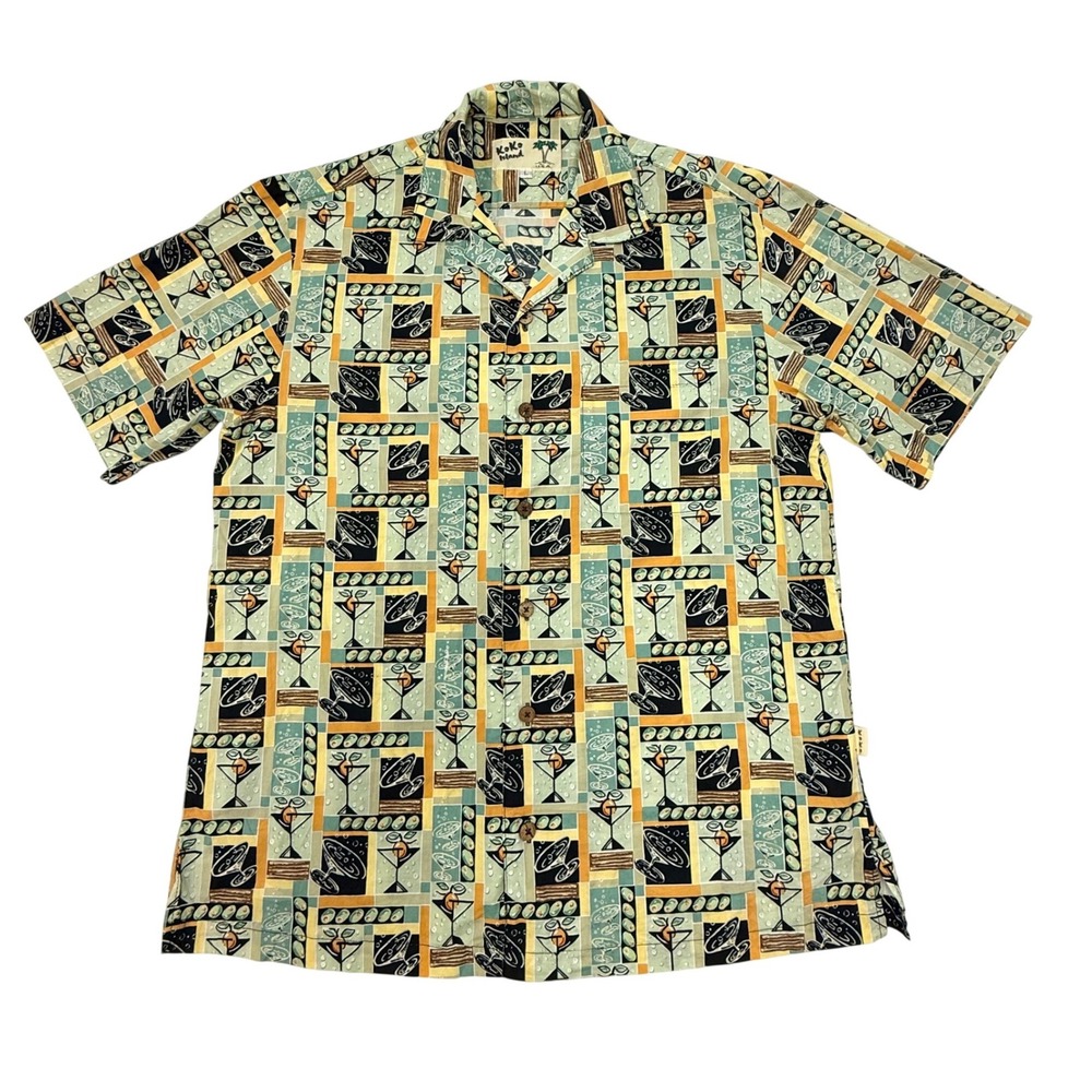 Koko Island Mens Large Martini Olive Print Cotton Camp Shirt Made in USA Green